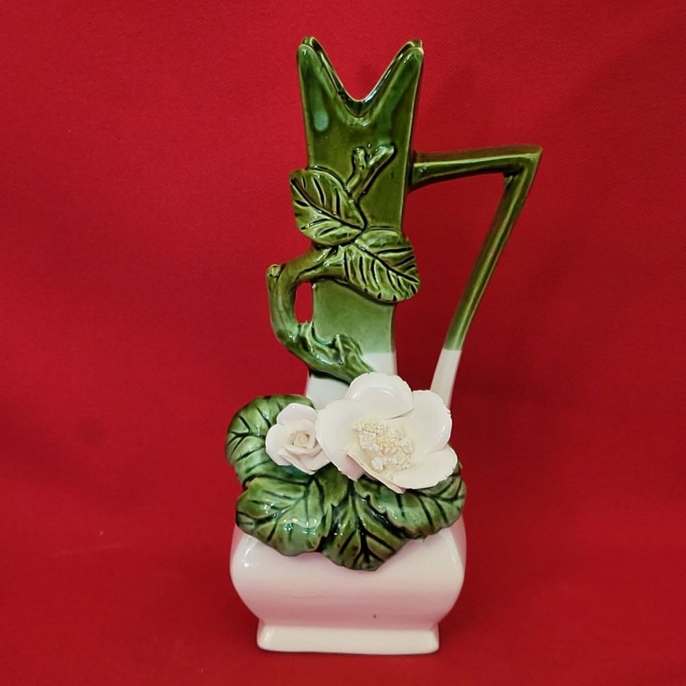 VTG Ucagco Ceramic Bud Vase Green Handles White Flowers